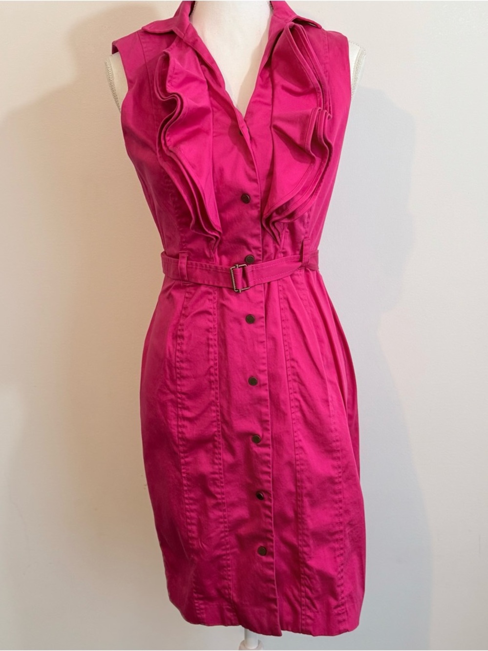 Calvin Klein Pink Ruffle Front Shirt Dress Belted Sleeveless Size 6